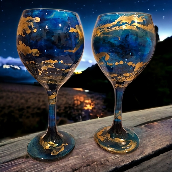 Hand Crafted Other - (2)Royal Blue & Gold/ Wine Goblet Set